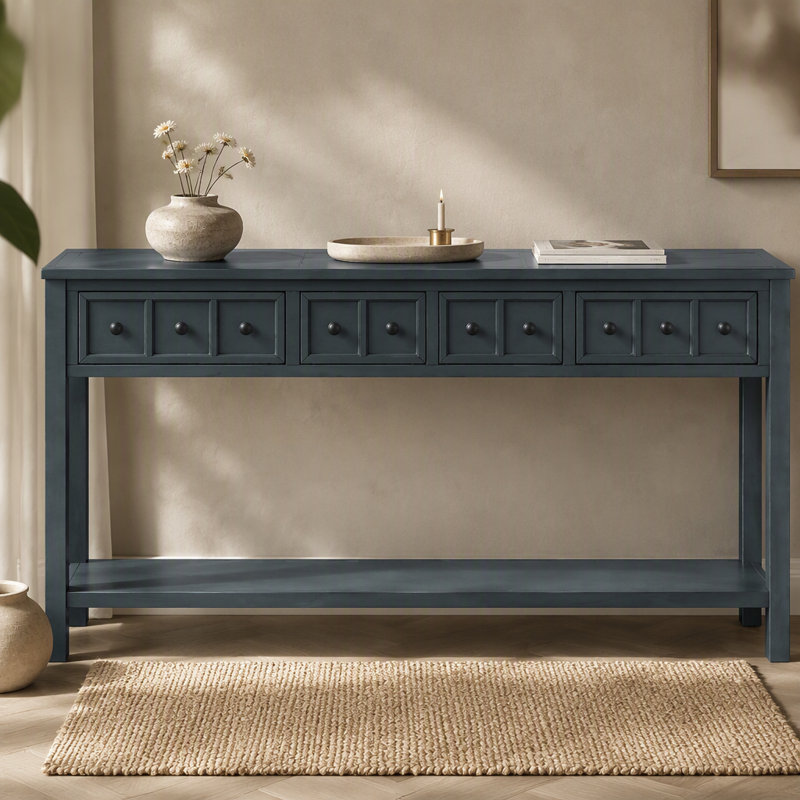 Console d'entrée rustique, canapé de 60 po de long avec deux tiroirs de tailles différentes et une tablette inférieure pour le rangement
