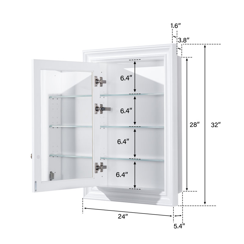 24"W X32''H Recessed Mount Solid Wood Frame Medicine Cabinet With  Adjustable Glass Shelves