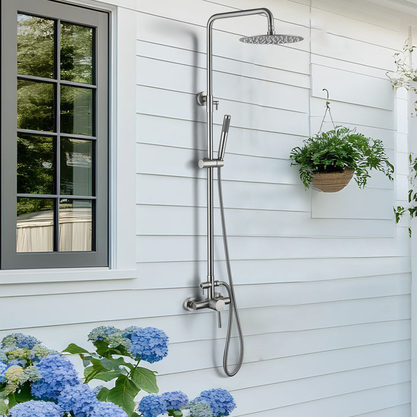Wall Mount Outdoor Shower with Handheld, Brushed Nickel
