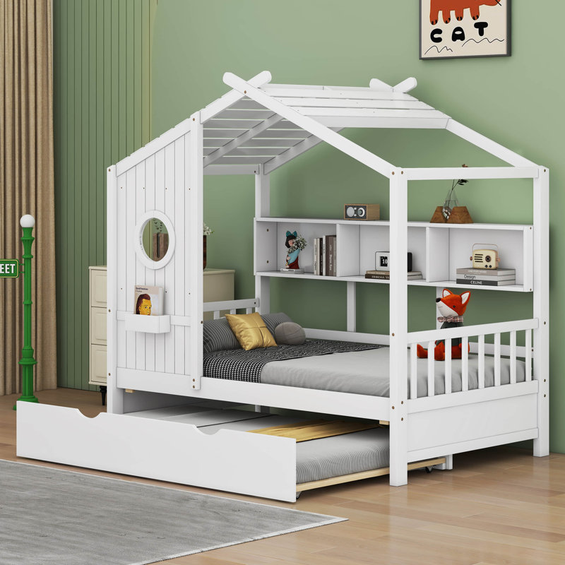 Lit en bois avec couchette Kaljonka, conception moderne pour enfants avec tablette de rangement, Simple, Blanc