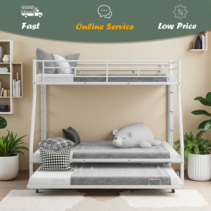 Lit simple sur lit double avec structure en acier robuste, lit superposé avec lit gigogne simple, Blanc