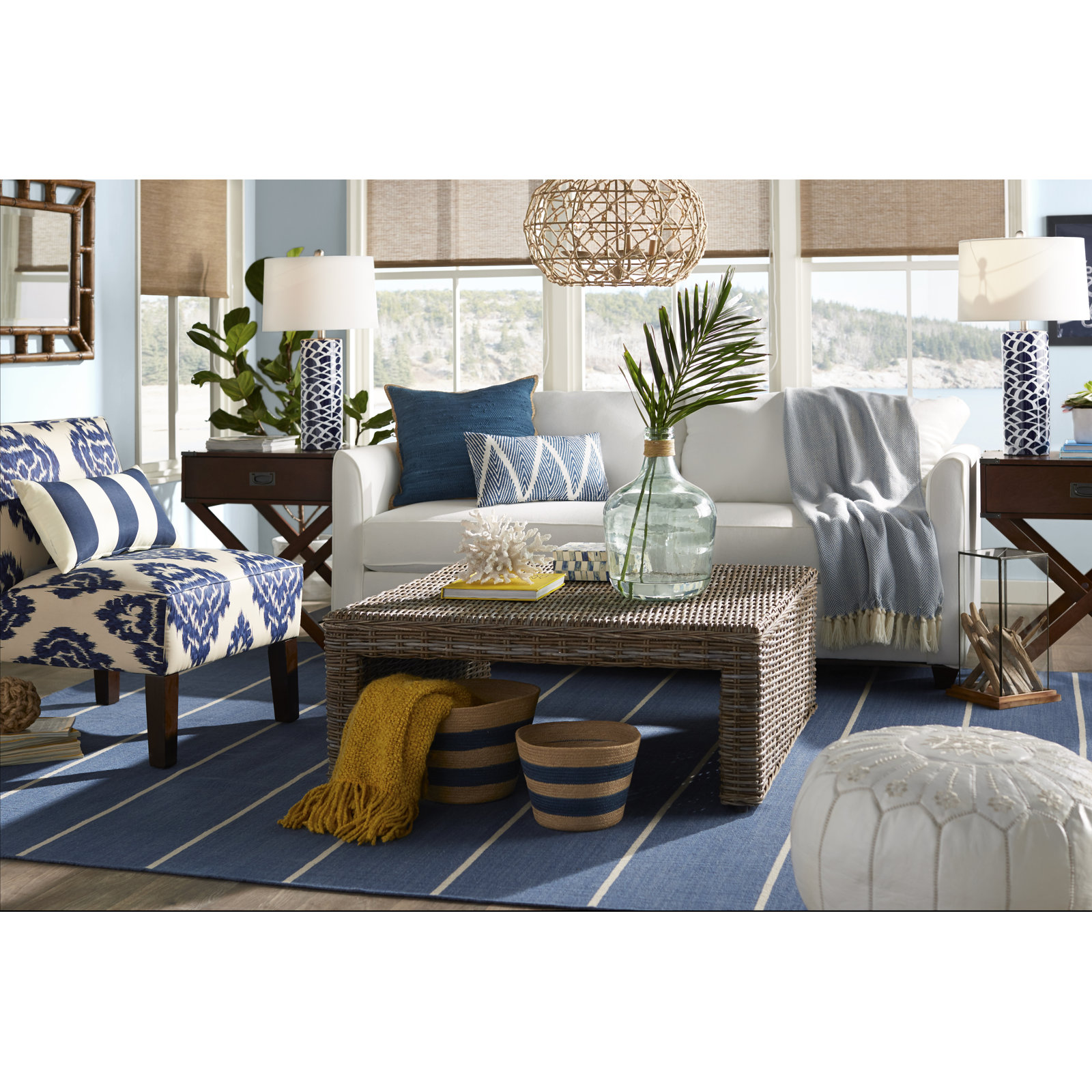 Creekmont Blue Cream Hand-Woven Striped Wool Rug, Rectangle 5' x 8'