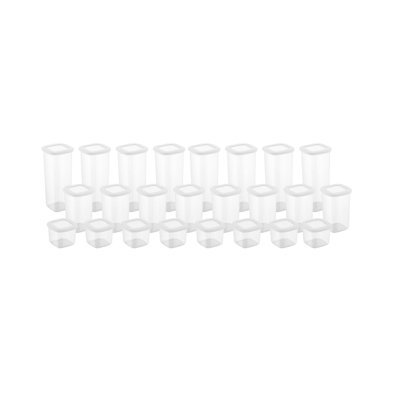 Versatile Storage Box Set (24 Pieces), White Plastic, 3 Sizes: 10 x 10 x 10 cm (8 pcs), 10 x 10 x 15 cm (8 pcs), 10 x 10 x 25 cm (8 pcs), Microwave & Dishwasher Safe