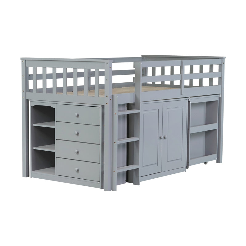 Lit mezzanine simple en bois d'hévéa avec armoire de rangement, tiroirs et bureau coulissant, gris