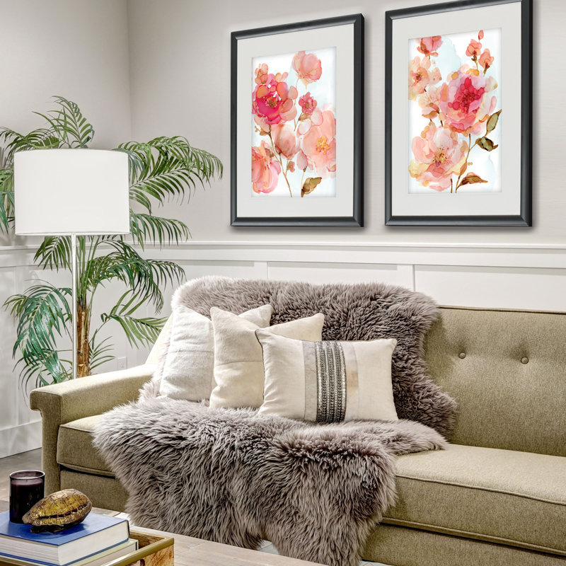 Pivoines vives - ensemble de 2 peintures sur papier encadrées, Cadre noir