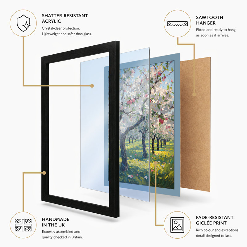 Spring Orchard in Bloom Botanical - Framed Print, A4 - 29.7 x 21.0 cm, White