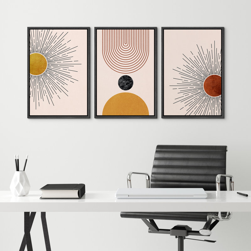 Mid Century Modern Boho Bright Nordic Abstract  Living Room Framed Canvas 3 Pieces Print Wall Art, Black Framed