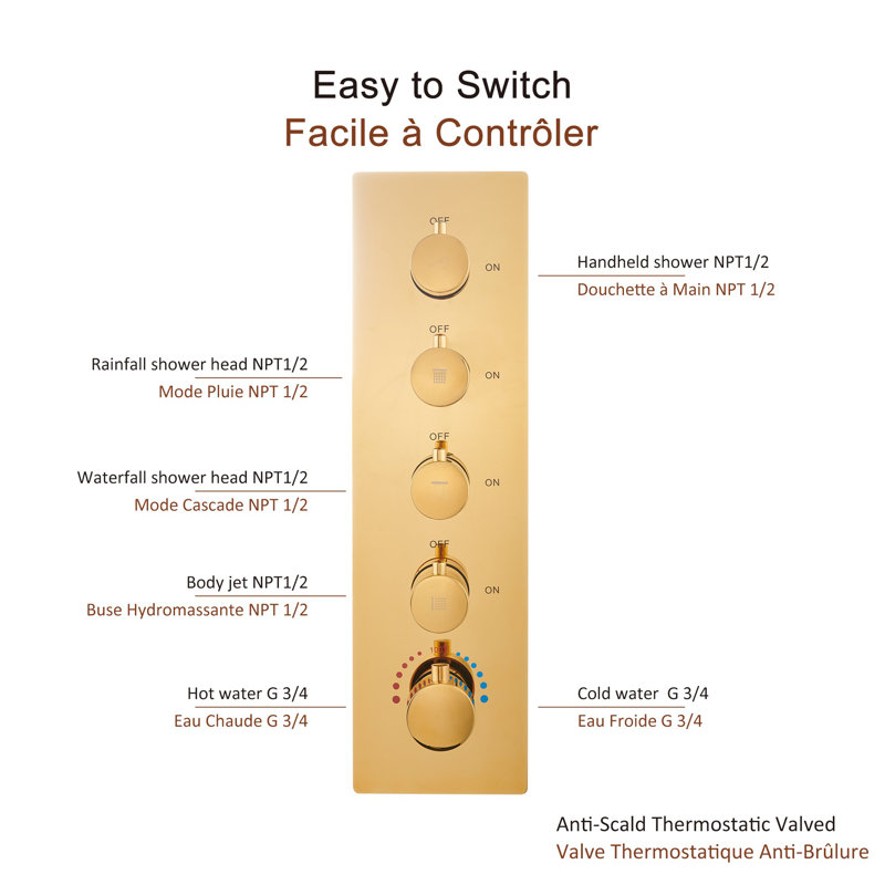 Luxury Gold Ceiling Mounted Dual Shower System with LED and Bluetooth Speaker