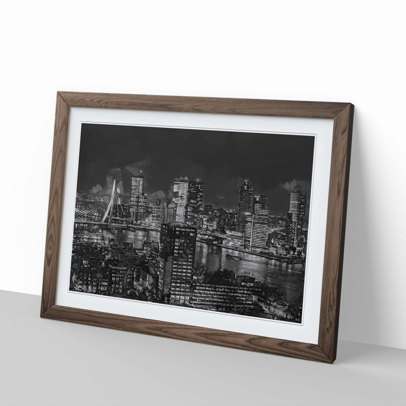 Rotterdam Skyline Netherlands in Abstract - Picture Frame Photograph Print, 40cm H x 60cm W x 2cm D, Walnut