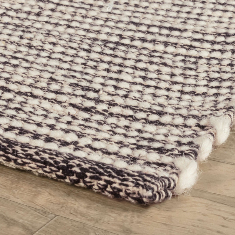 Tapis tissé à la main à rayures mélangées noir / ivoire, Rectangle 4 pi x 6 pi