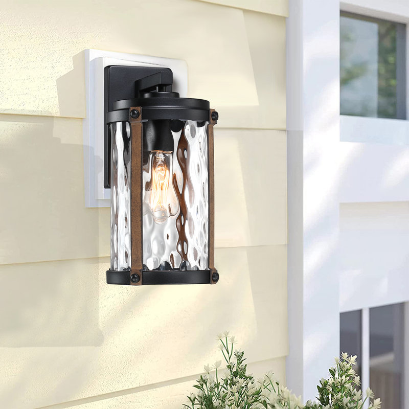 1-Light 13.9"H Matte Black And Barnwood Accents Outdoor Wall Lantern