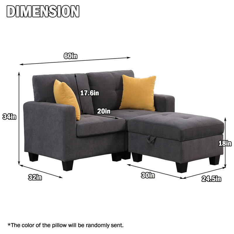 Chesham 60"W Upholstered Sofa With Storage Ottoman, Dark Gray Polyester Blend