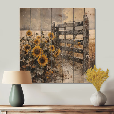 Clôture de champ de tournesols d'hiver à la clôture de grange II - Tournesols en bois, décoration murale - sur bois de pin naturel