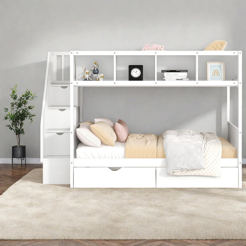 Lit superposé à rangement multifonctionnel, bois massif et bois aggloméré, blanc moderne pour la famille