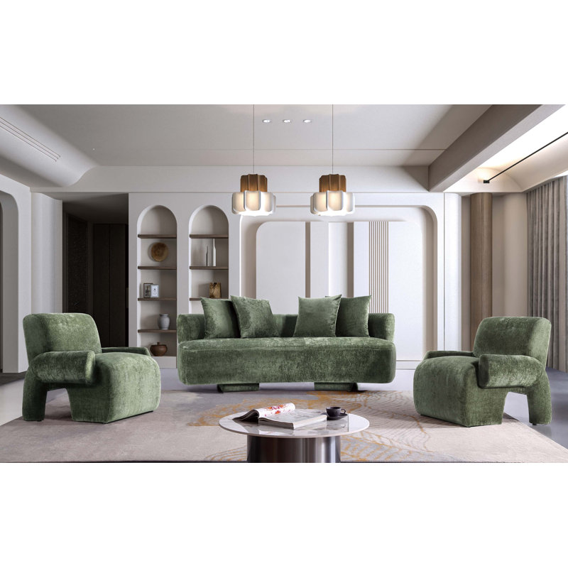 Verandah 3-Piece Mid-Century Modern Living Room Set with Chenille Upholstered Sofa and Two Accent Chairs in Olive Green