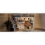 Lit mezzanine beige avec garde-robe intégrée, bureau d'étude, rangement ouvert et lumières à DEL, configuration d'espace pour les espaces compacts et les chambres doubles