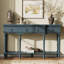 Console Traditional Traditional avec 3 tiroirs à fermeture en douceur et tablette inférieure, structure en bois massif, pieds romains tournés, poignées en cuivre rétro, bleu-648557928