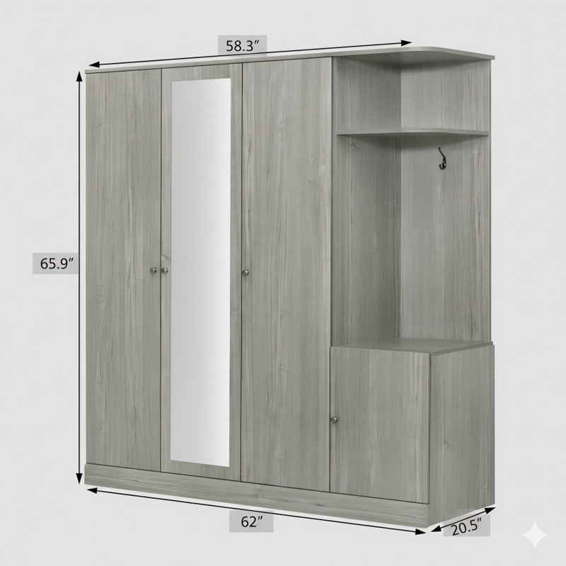 Unité de rangement pour vêtements à quatre panneaux avec tablettes, compartiments de rangement et surface réfléchissante pleine hauteur, finition grise