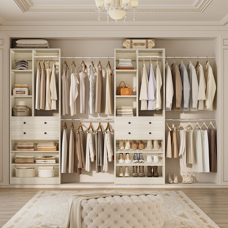 Closet System With 4 Wooden Drawers And Shoe Racks, Washed Oak