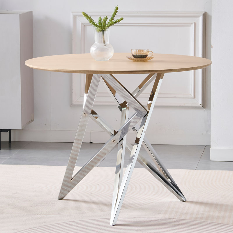 Table de salle à manger ronde moderne, en MDF et en métal argenté, taille compacte pour les petits espaces