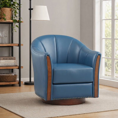 Fauteuil demi-tonneau pivotant rembourré en cuir végétalien de 28 po de largeur avec base en bois massif