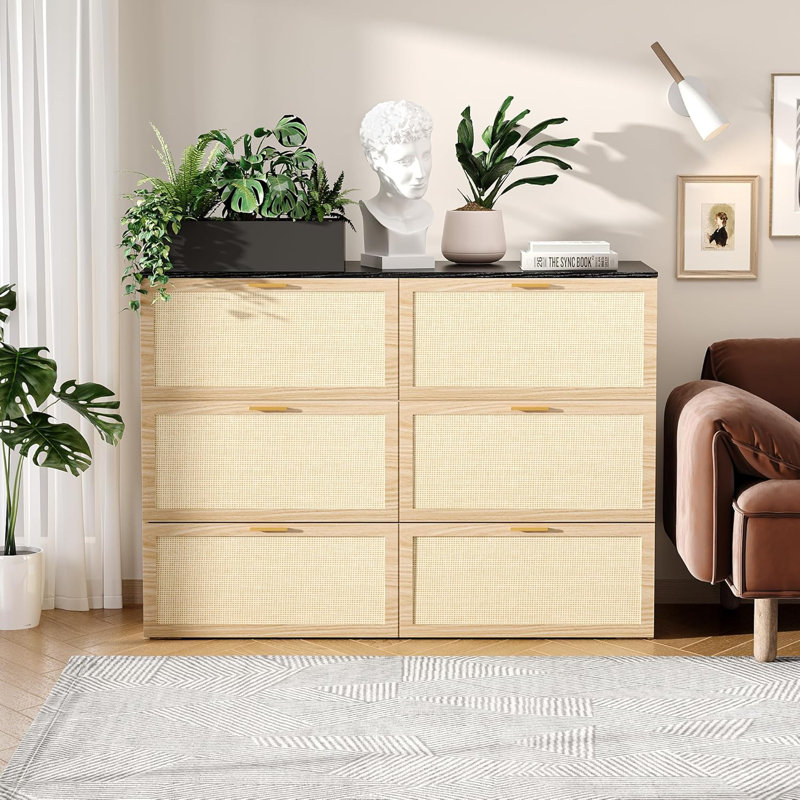 Full Size Rattan Murphy Bed With Storage Drawer, Space-Saving Cabinet Bed For Kids,Adults And Guests,Beige, Full