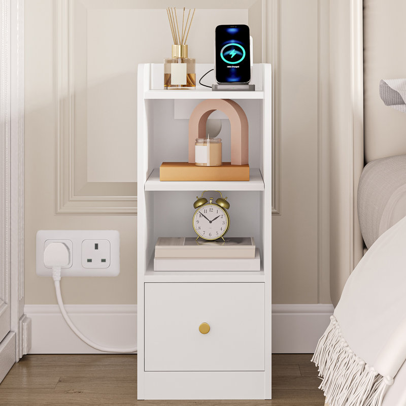 Slim Bedside Tables Set of 2 with Charging Station, Narrow Bedside Cabinet with Drawer, USB & Type-C Ports, Nightstands with Adjustable Shelves for Bedroom, Living Room 