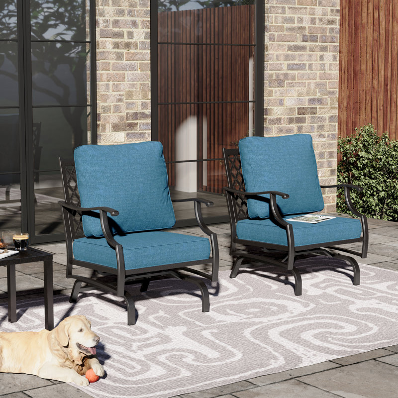 Argirios Metal Patio Rocking Lounge Chair with Cushions (Set of 2), Denim Blue