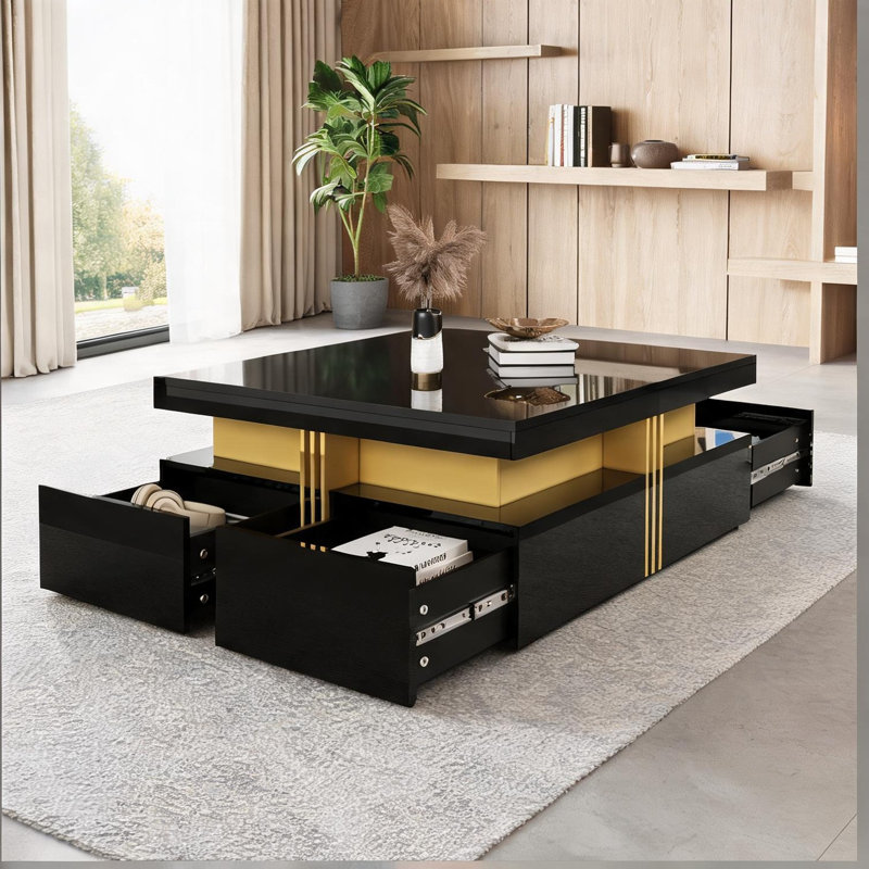 Coffee Table for Living Room, Classic Black MDF, 43.3-Inch Square Top with 4 Drawers
