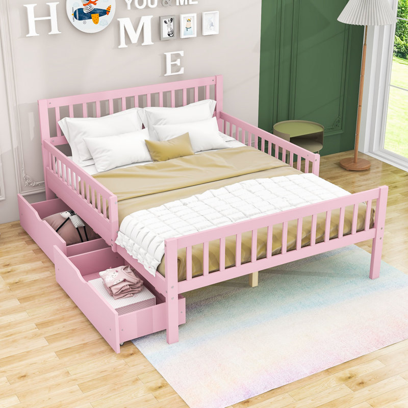 Lit plateforme en bois avec deux tiroirs de rangement et tête de lit Aytan, Rose, Full