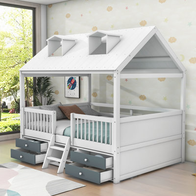 Milinocket Wood Loft Bed With 4 Drawers And Roof