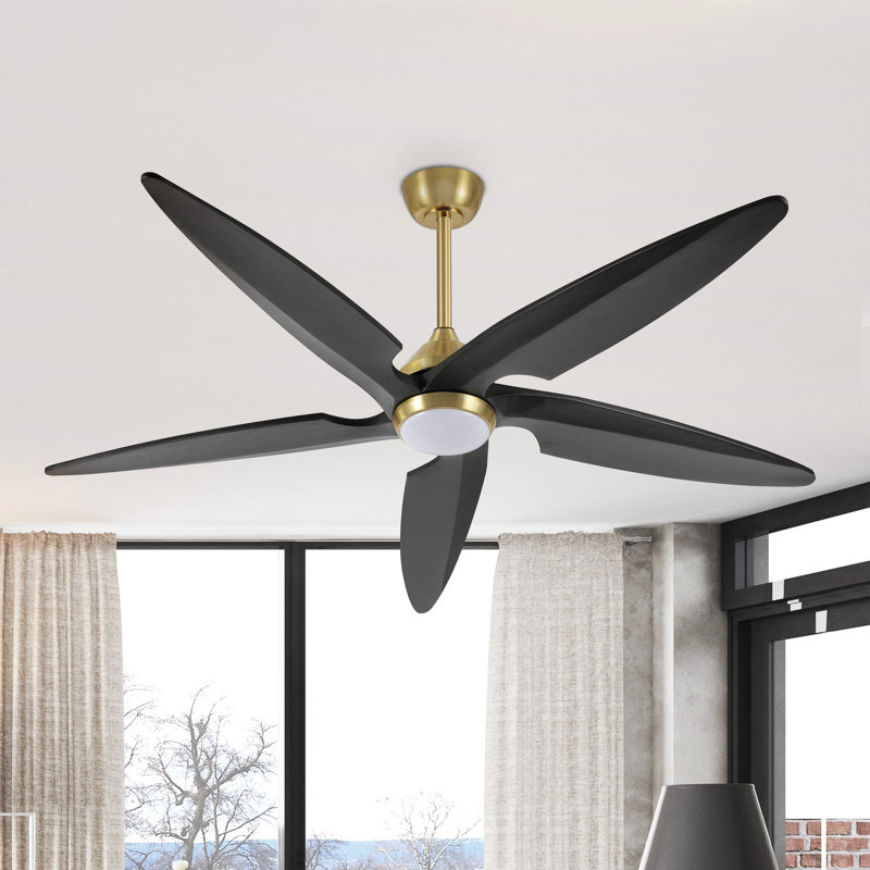 Chanille 5-Blade Solid Wood Ceiling Fan with LED Light and Remote Control, 54", Gold, Black