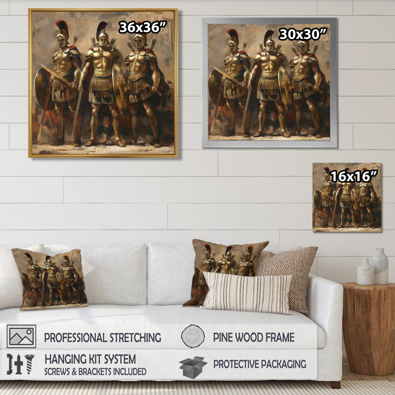 Guerriers grecs prêts pour la bataille - Armée, salon d'art mural, Toile encadrée noire simple, H 16 po x l 16 po x P 1 po