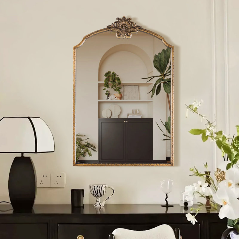 Lindon Arched Iron Wall Mirror, Antique Gold, 36" x 24"