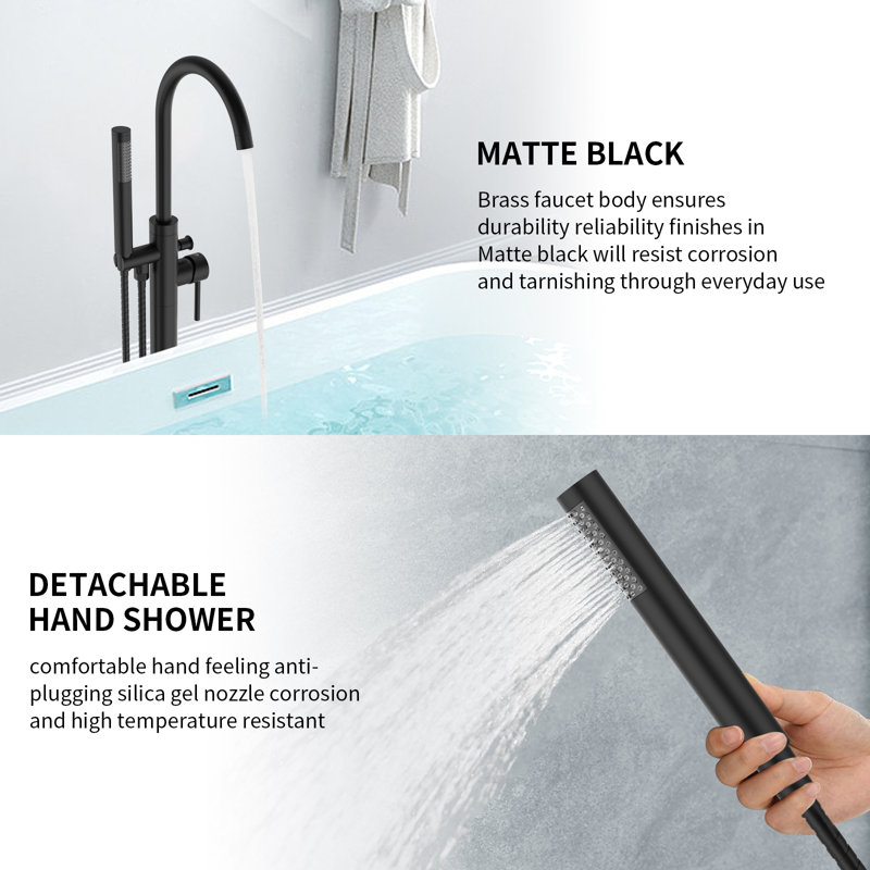 Robinet de baignoire à fixation au sol avec douche à main, Noir mat