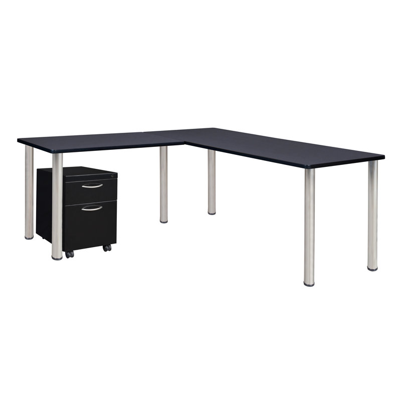 Bureau en coin en K avec plateau à piédestal et tiroir Kee, Gris/chrome, H 29 po x l 66 po x P 66 po