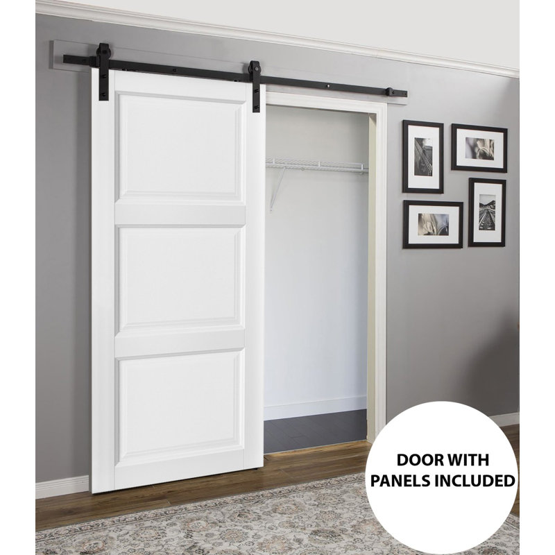 Porte de grange en bois lambrissée blanche Lucia avec trousse de quincaillerie d'installation, Noir, 18 po x 84 po