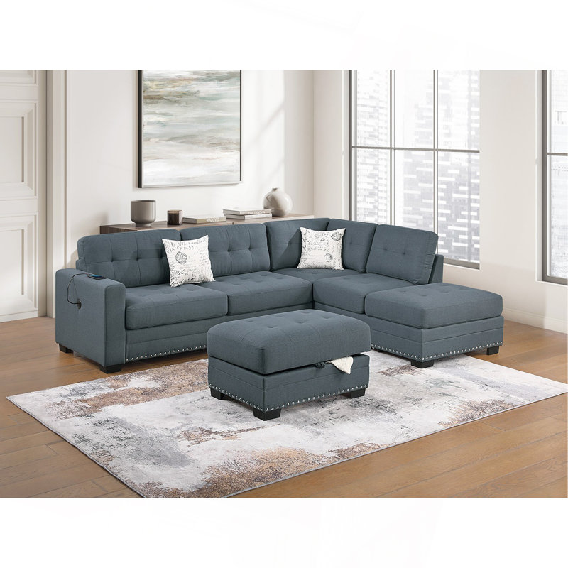 Ensemble de salon modulaire en forme de L avec repose-pieds et canapé capitonné 3 pièces, Gris foncé