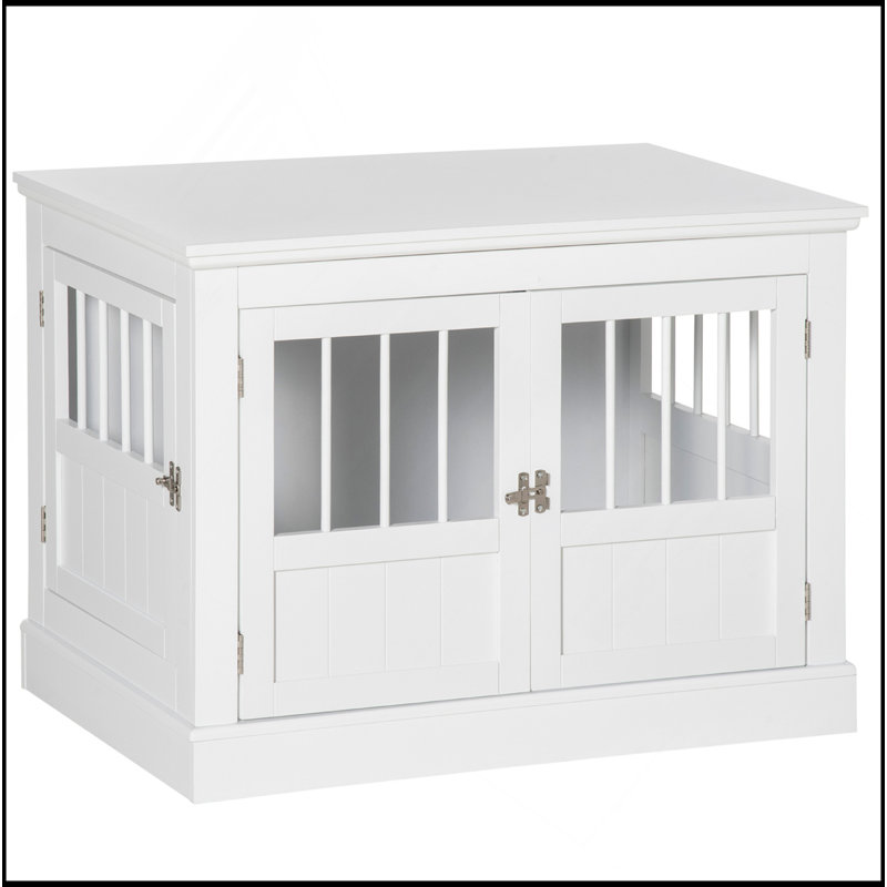 Table de bout pour cage de chien avec portes triples, cage à chien en bois pour l'intérieur, cage à chiot avec tubes en acier, pour petits chiens, blanc