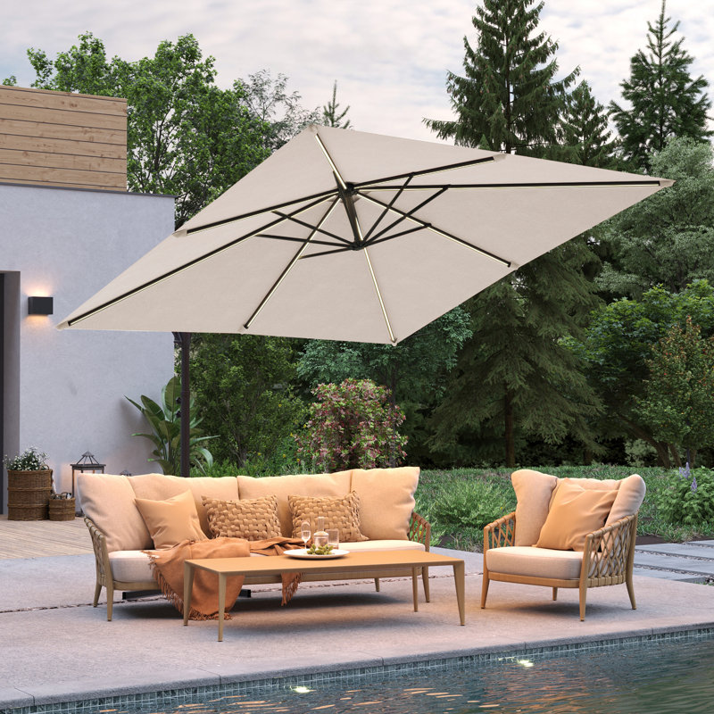 Parasol de patio en porte-à-faux décalé 8,2 pi à DEL avec poignée pliable, Beige