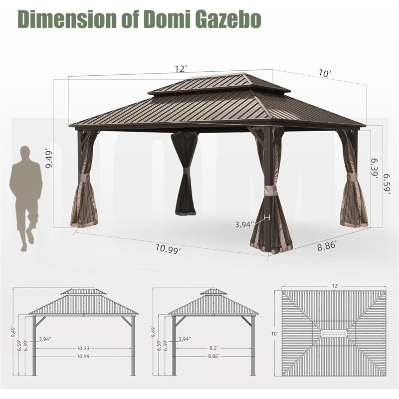 10' x 10' Brown Aluminum Patio Gazebo with Curtains and Netting