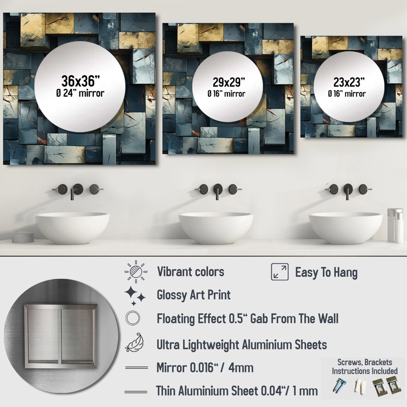 Illusion de mur industriel en béton I - Grand miroir carré moderne pour décoration murale, 36 po x 36 po