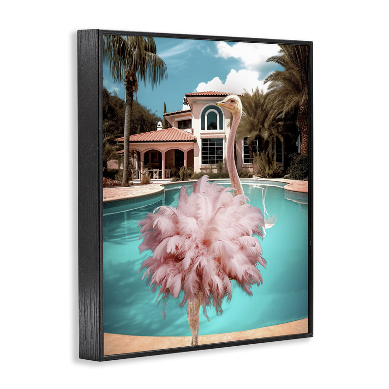 Art giclée d'autruche rose à plumes par Ziwei Li, H 30 po x l 24 po, Giclée encadrée noir minuit
