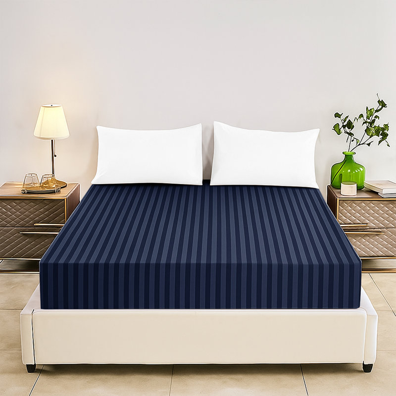 Tabbitha Striped Microfiber Standard Fitted Sheet, Double (4'6), Navy