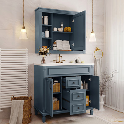 Meuble-lavabo 36 po avec lavabo supérieur, armoire à miroir bleu royal, armoire de rangement moderne avec 2 portes à fermeture douce, meuble-lavabo simple