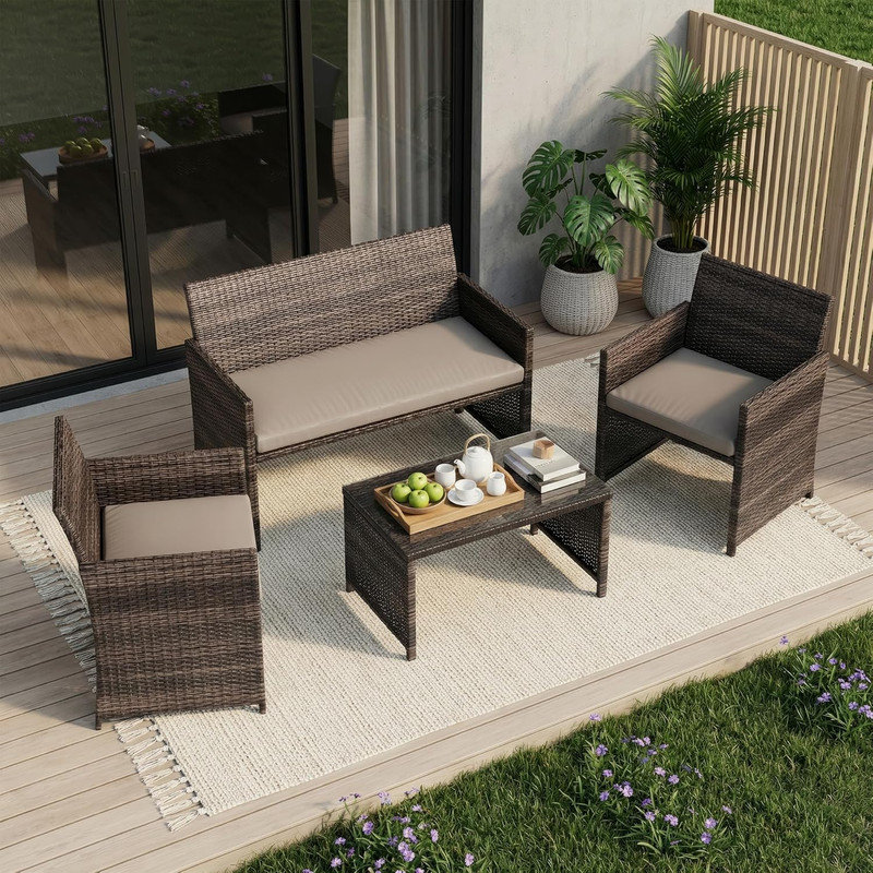 4-Piece PE Rattan Patio Furniture Set – Outdoor Conversation Set with Cushions & Tempered Glass Table, All-Weather Wicker for Patio, Porch, Backyard