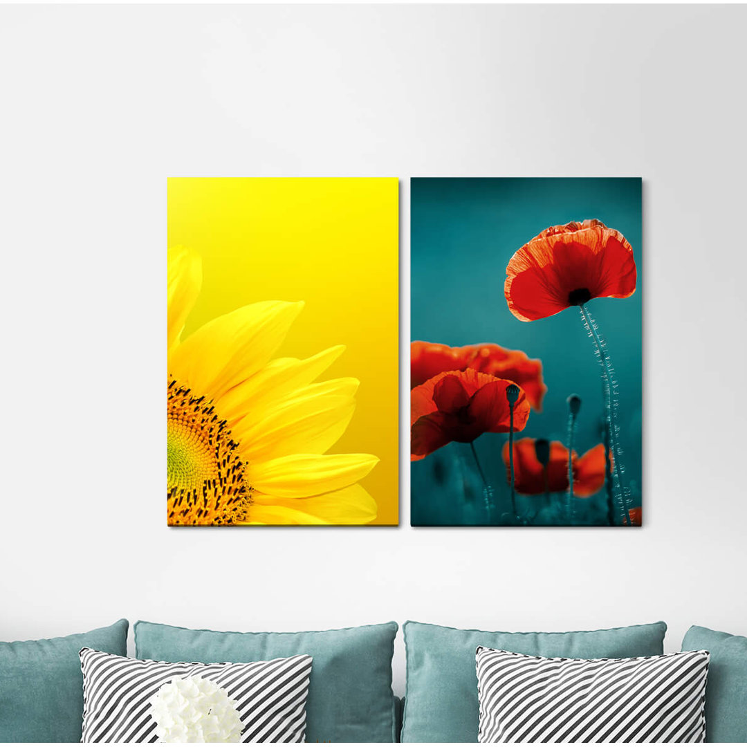 2-tlg. Leinwandbilder-Set - Grafikdruck „Sunflower Yellow Red Poppy Flowers Summer Spring”