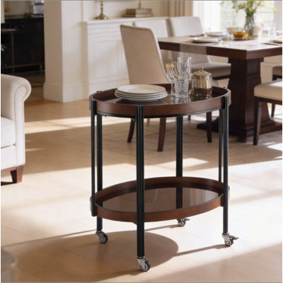 Oval 2 Shelf Dark Walnut Bar Cart with Black Metal Frame and Brown Tempered Glass