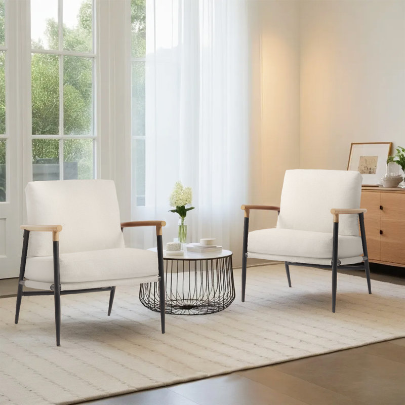 Dajauna Midcentury Modern Upholstered Metal Frame Chenille Arm Accent Chair, Beige Chenille
