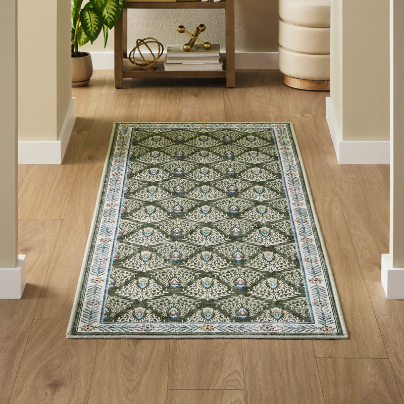 EVERWASH Haven Geo Border Machine Washable Area Rug with AirFlo Technology, Brown, 2'6"x7', 2 x 7, Olive Green/Brown